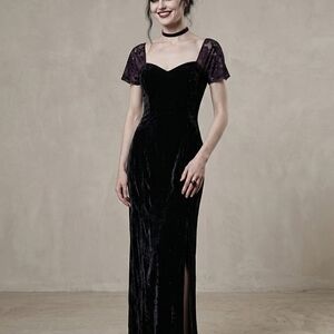 Alfred Angelo Black Velvet Maxi Dress with Purple Lace Sleeves Whimsigoth